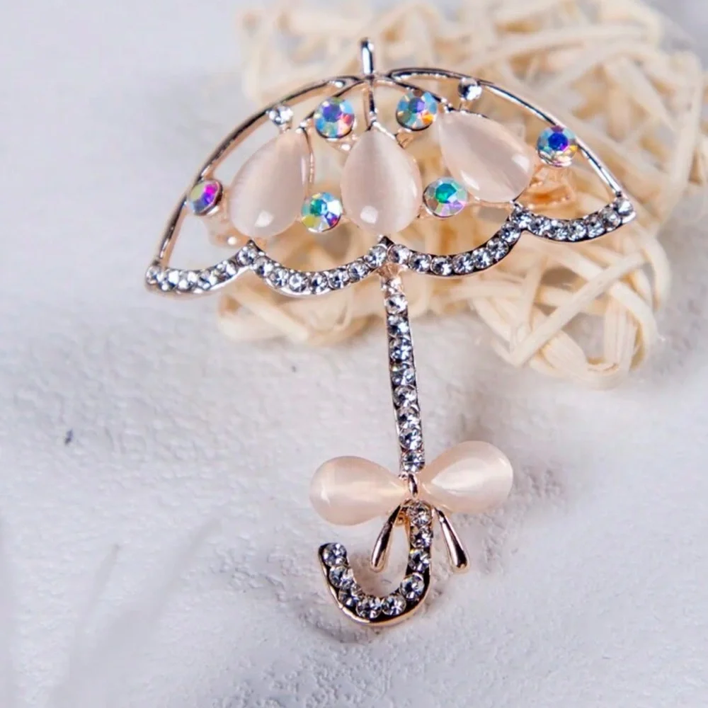 Cat’s Eye and Rhinestone Umbrella Brooch